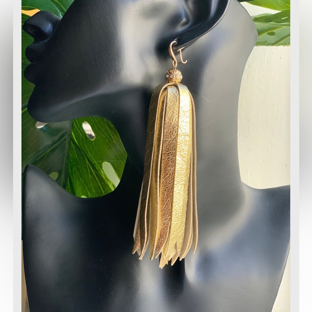 Journey Genuine Leather Tassel Earrings- Gold
